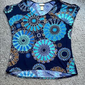 Miss Tina Navy Floral Medallion Short Sleeve Top with Turquoise Accents